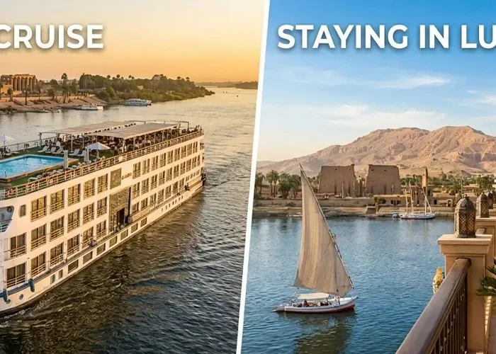 A scenic view of hotels in Aswan, Luxor, and Nile cruises showcasing the Resurrection theme.