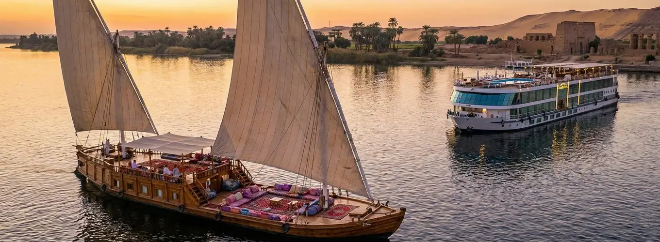 Comparison of Dahabiya and Nile Cruise Ships on the Nile River.