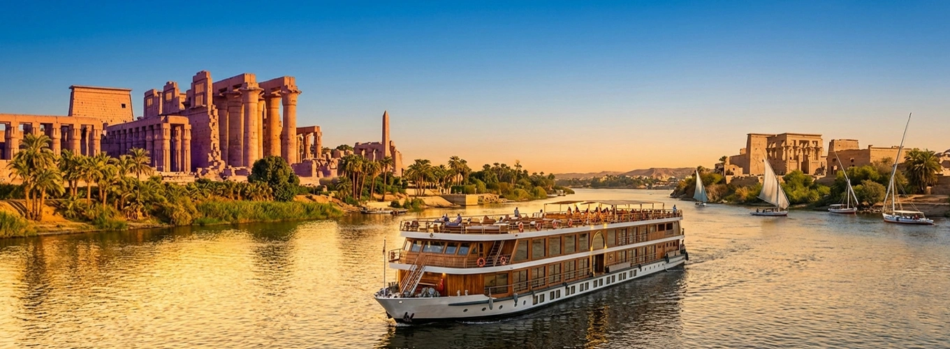 A-stunning-image-combining-Luxor,-Aswan,-and-a-Nile-cruise Stunning view of Luxor, Aswan, and a Nile cruise showcasing ancient Egyptian architecture and landscapes.