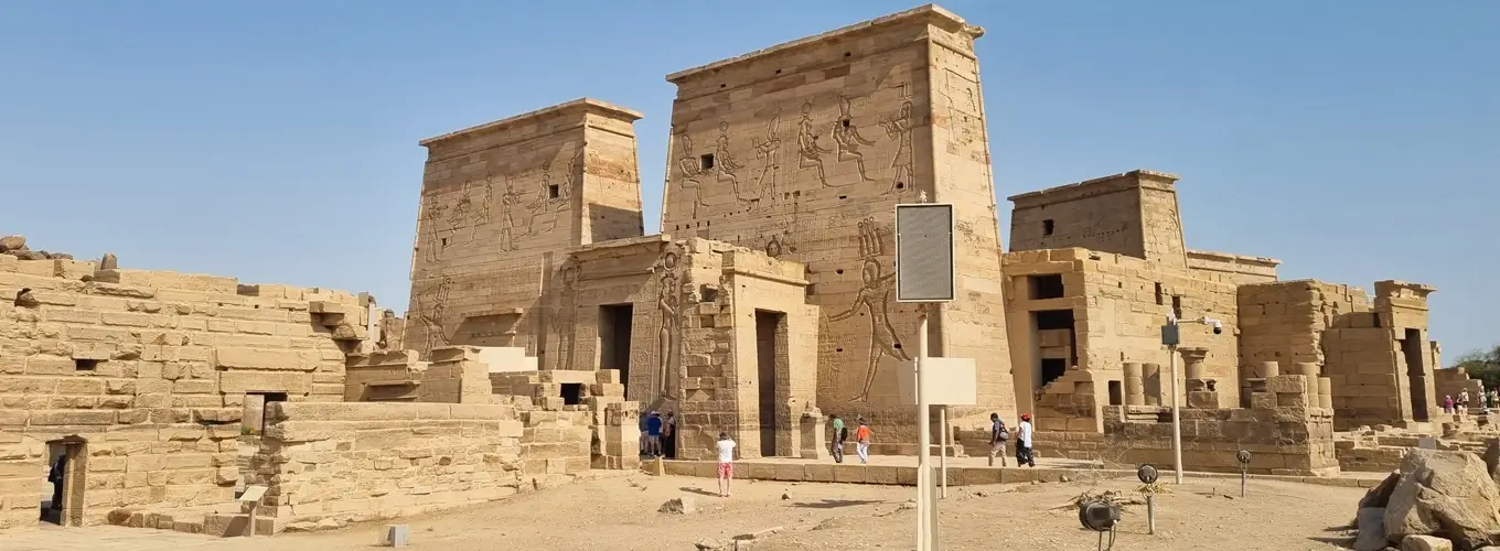 Beautiful view of Philae Temple in Aswan, showcasing ancient architecture and serene surroundings.