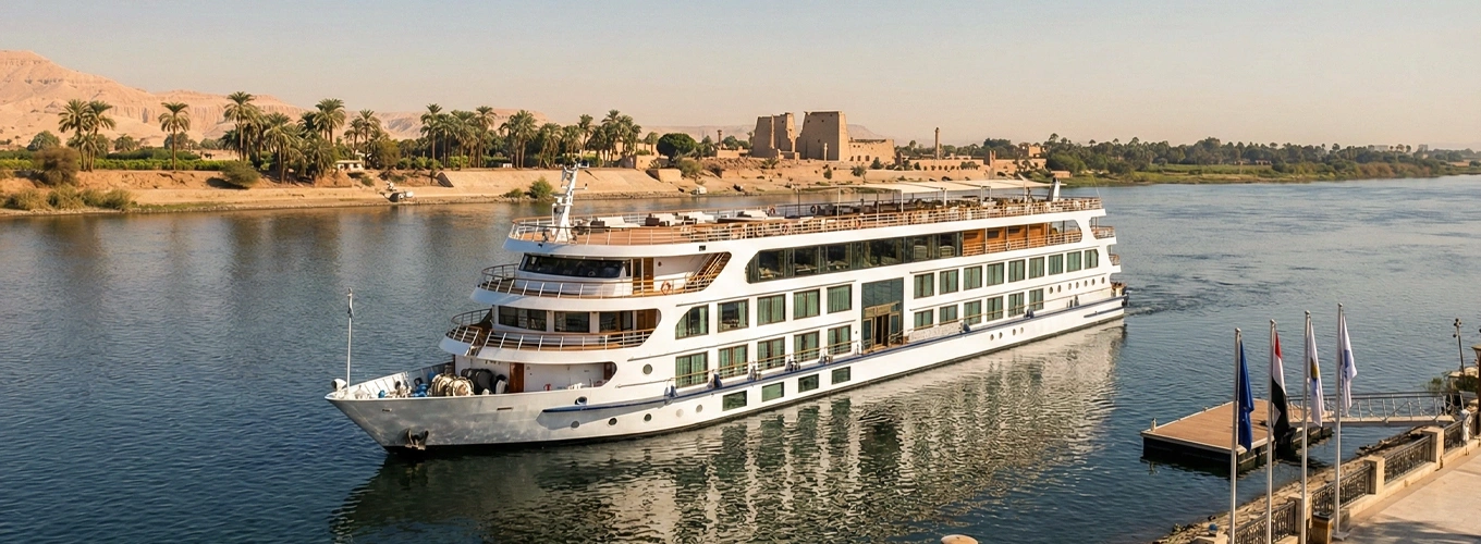 Cruise ship sailing on the Nile River during sunset