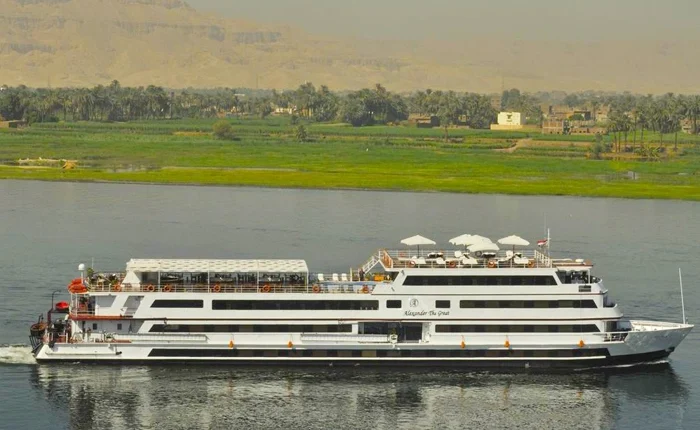 Cruise ship named after Alexander the Great sailing on clear blue waters