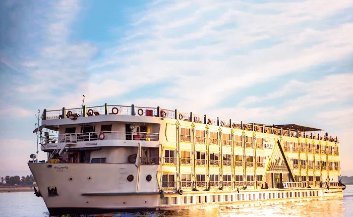 Luxurious cruise boat on the Nile River during sunset