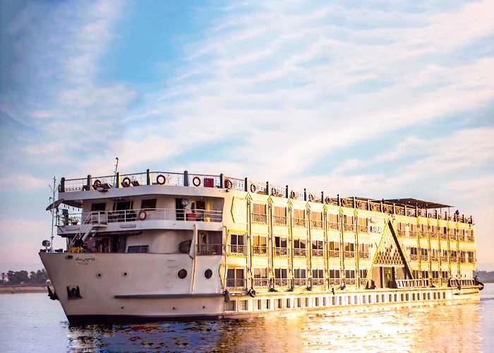 Luxurious cruise boat on the Nile River during sunset