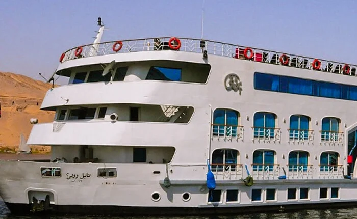 Luxury cruise ship named Royal Ruby on a serene ocean voyage.