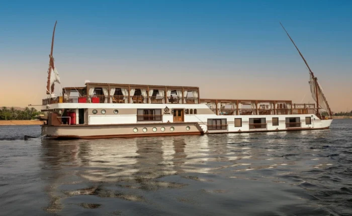 Luxurious dahabiya sailing on the Nile River at sunset.