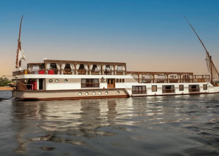 Luxurious dahabiya sailing on the Nile River at sunset.